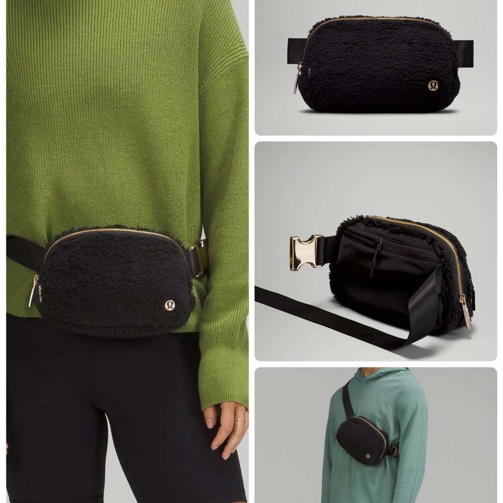 Lululemon Everywhere Black Fleece Belt Bag 1L Gold Tone Metal Hardware Sherpa